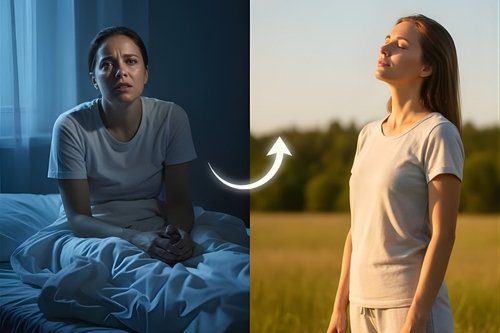 A woman experiencing nighttime anxiety contrasted with her practicing a calming daytime sunlight habit for better sleep.