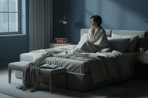 A woman sitting awake in bed at 3 AM looking out the window, illustrating the link between blood sugar and sleep.