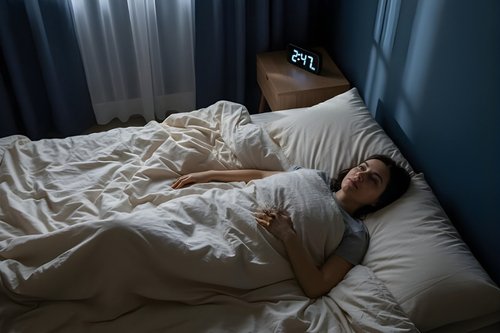 A woman lying awake in bed at night looking for foods to help you sleep better.