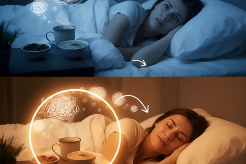 A comparison image showing a woman struggling with night anxiety in blue light versus sleeping peacefully in warm light after consuming foods to stop night anxiety like almonds, tea, and oats.