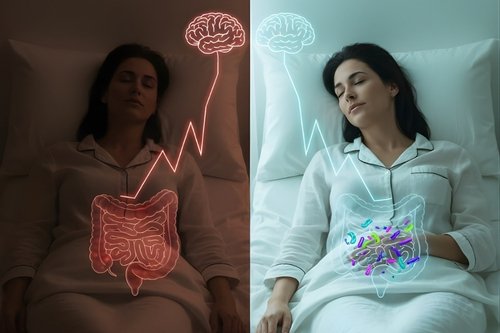 A split-screen illustration showing a woman sleeping; the left side shows a red, glowing gut and brain representing poor sleep, while the right side shows a healthy, vibrant microbiome and brain representing quality rest.