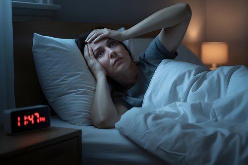 A woman lying in bed at night looking stressed and unable to sleep, illustrating how magnesium for sleep and anxiety can help with insomnia.