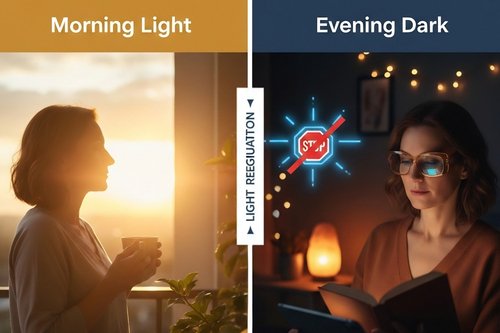 Infographic showing how to regulate morning light and evening darkness to sleep better after 40 naturally.