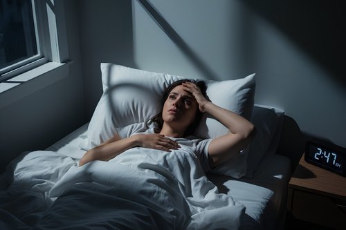 A woman in a dark bedroom at 2:47 AM, unable to sleep due to stress keeping her awake. She is holding her head, looking distressed, with strong moon shadows on the wall.