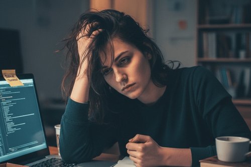 A exhausted woman working late at her desk, showing why you can't build muscle when you are always tired.